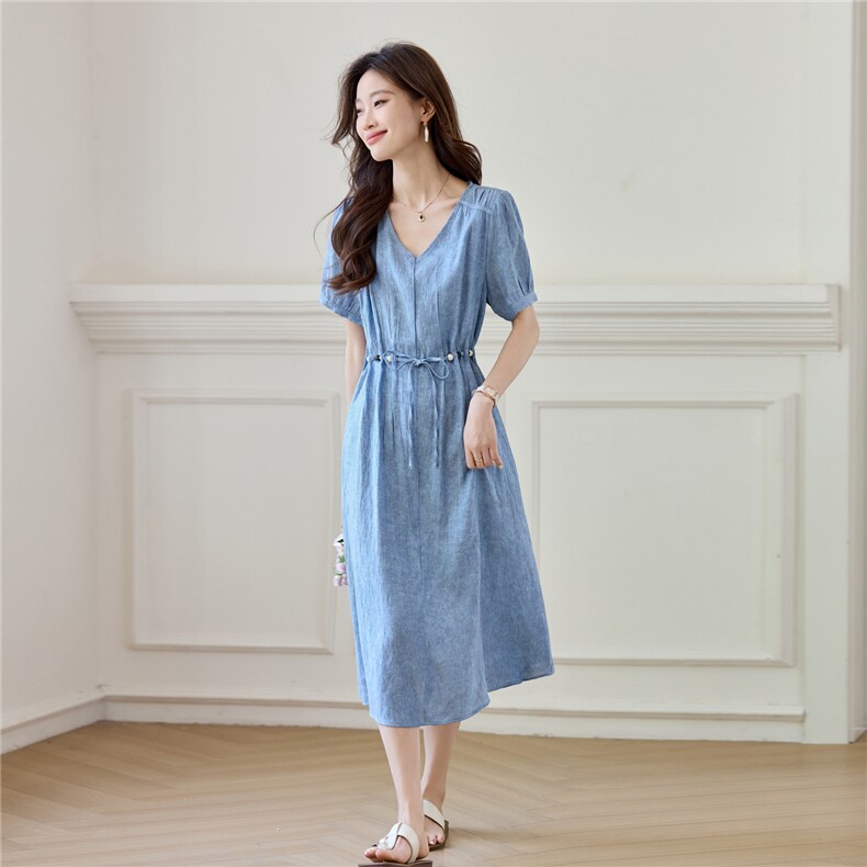 天丝亚麻连衣裙女2025夏季新款宽松V领高级感爆款中长款薄裙子,女装连衣裙,素月