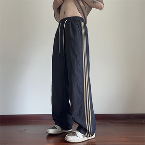 速干冰丝裤子男夏季薄款美式三条杠运动裤青少年宽松阔腿休闲长裤图片