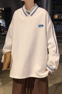 中性秋季个性印花男生宽松配色螺纹织带套头卫衣 B02 P55控68图片