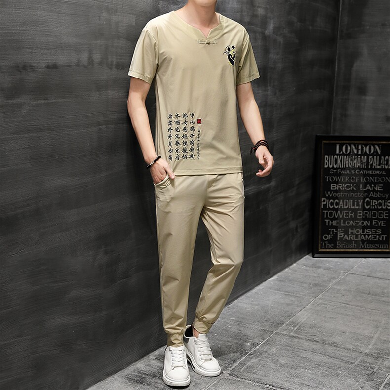 风刺绣短袖T恤套装男士大码宽松长裤男休闲复古潮HO15332-P58,男装休闲套装,星座1105-3