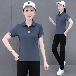 燕颉女士夏季天丝罗马棉运动套装薄款翻领休闲服时尚跑步服两件套图片