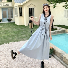 蓝色温柔风甜美别致连衣裙女裙夏季2025收腰显瘦气质无袖a字长裙，女装连衣裙，2C239