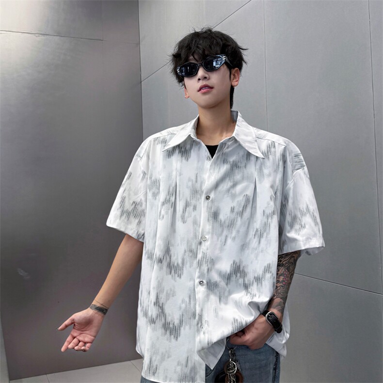 男士夏季冰丝透气速干透气短袖衬衫美式宽松扎染双门禁西装衬衫图片