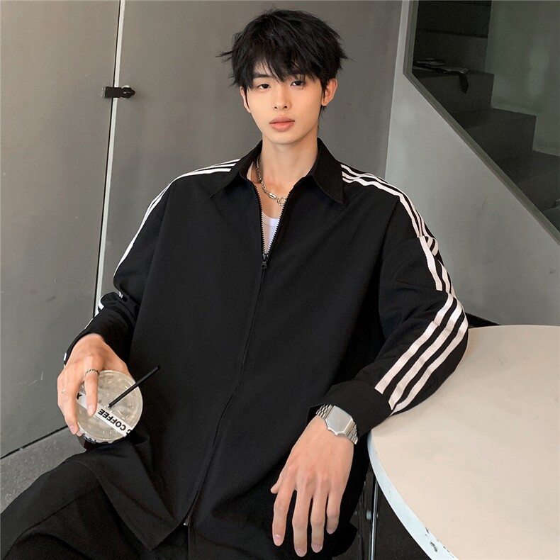 美式男女同款运动学院风拼接三条杠长袖衬衫可二开CS22-P48图片