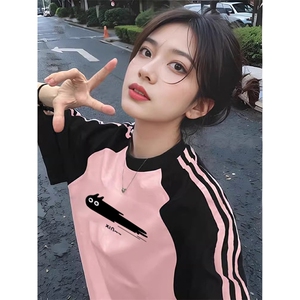 夏季美式高街重磅纯棉三条杠织带插肩撞色男女短袖T恤CZ196-特P25图片