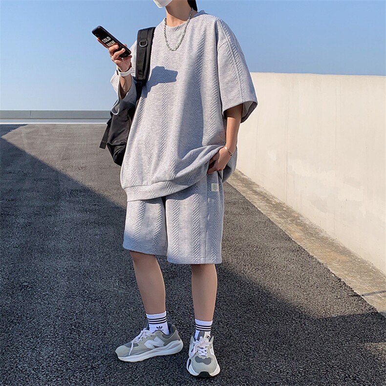 TZ83132/P65夏季新款提花短袖短裤t恤休闲宽松大码两件套套装男,男装休闲套装,电商A141