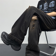 水洗做旧破洞牛仔裤潮牌夏季薄款宽松休闲裤，男装牛仔裤，星座410-7