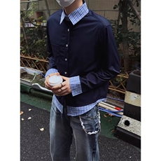 假两件拼接格纹衬衫百搭流行潮流文艺时尚新款慵懒日系CSE67，男装衬衫，星座208-5