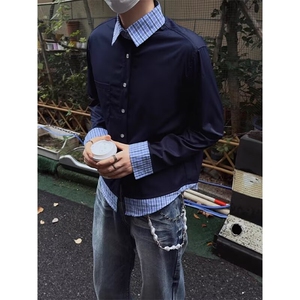假两件拼接格纹衬衫百搭流行潮流文艺时尚新款慵懒日系CSE67图片