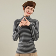 半高领德绒条纹打底衫女内搭秋冬季磨毛加厚保暖中领长袖t恤上衣，女装T恤，佳绒高端店