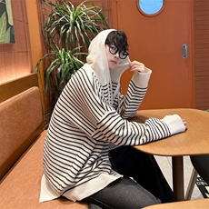 甜美条纹慵懒宽松学院连帽厚实毛衣外套长袖拉链常规开衫ins7068，男装针织衫/毛衣，星座506