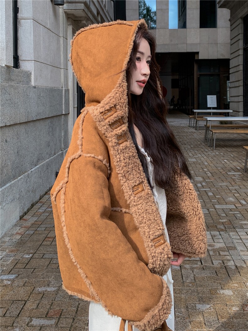 咖色毛绒羊羔毛外套女冬季小个子加厚加绒高级感穿搭皮毛一体大衣,女装皮草,欣美人