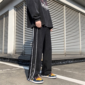 2025新款美式vibe风裤子黑色拉链毛边牛仔裤男 K445图片