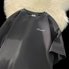 抖音得物供货210克现货宽松纯棉美式潮牌印花落肩袖纯棉T恤AT2117，男装T恤，电商A443