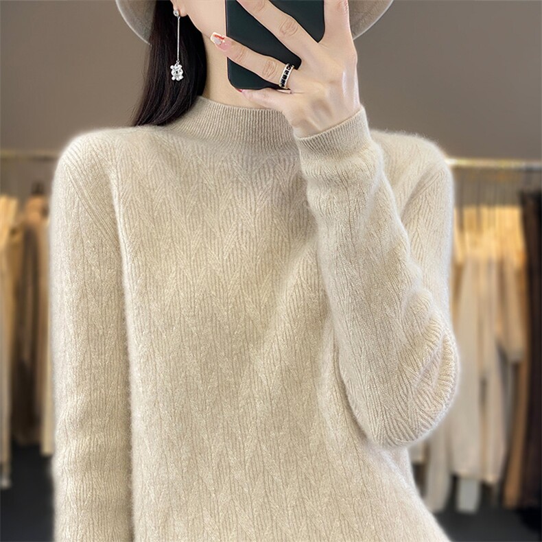 纯色长袖套头2024年秋季半高领羊毛毛衣女打底针织衫,女装羊毛衫,暖圣羊羊绒