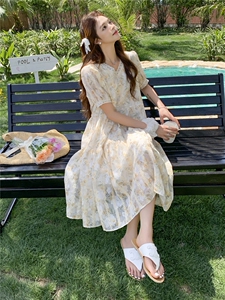 大喜自制【现货】沙冰 法式复古碎花连衣裙女短袖v领夏天长裙图片