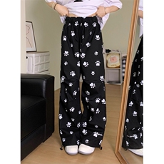 白色可爱狗爪休闲裤女2025新款小个子夏季薄款宽松直筒高腰阔腿裤，男装休闲裤，星座506A