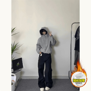 480G重磅加绒硬挺boxy 男女秋冬美式高街结构高领卫衣开衫厚外套图片