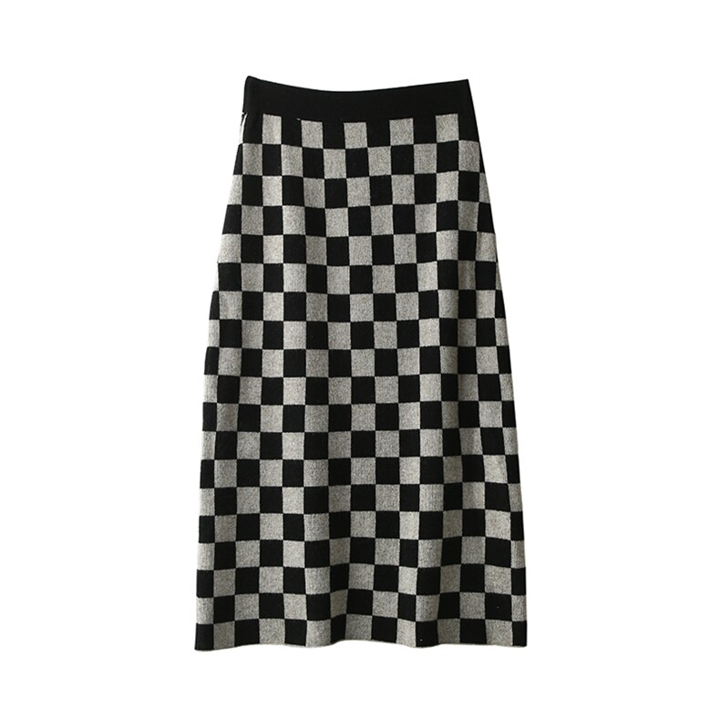 2023秋冬新款羊毛半身裙百搭短款棋盘格裙针织直筒裙女,女装半身裙,君贝羊绒