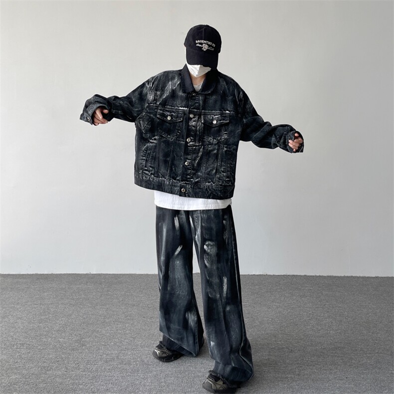 美式高街牛仔套装男韩版个性牛仔裤2023冬季ins两件套W5485-P110,男装休闲套装,星座412-2