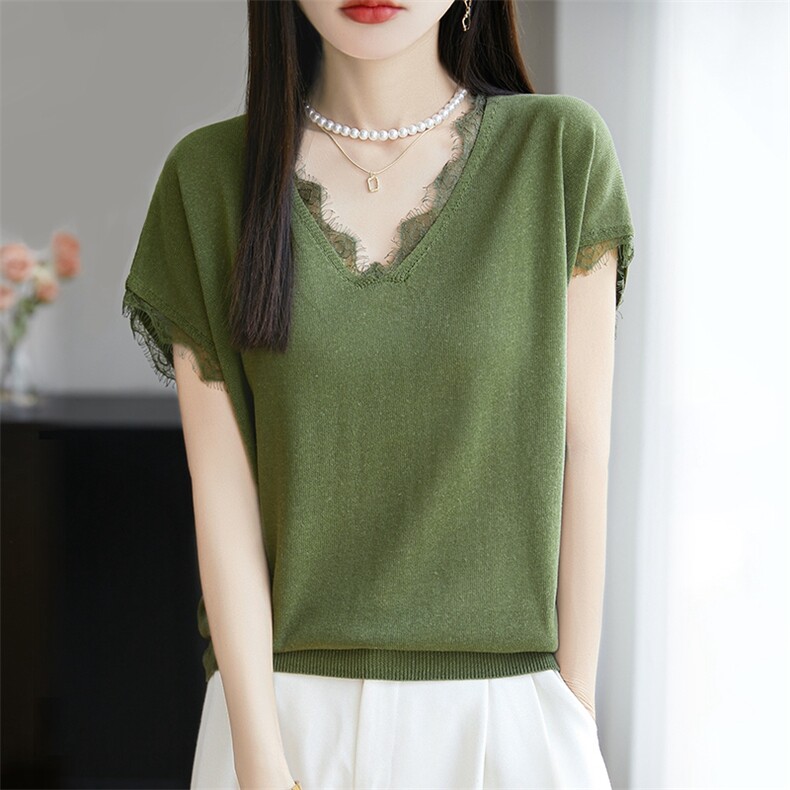 天丝亚麻V领蕾丝边针织短袖T恤女薄款打底衫宽松显瘦上衣简约韩版，女装背心吊带，暖烁羊绒