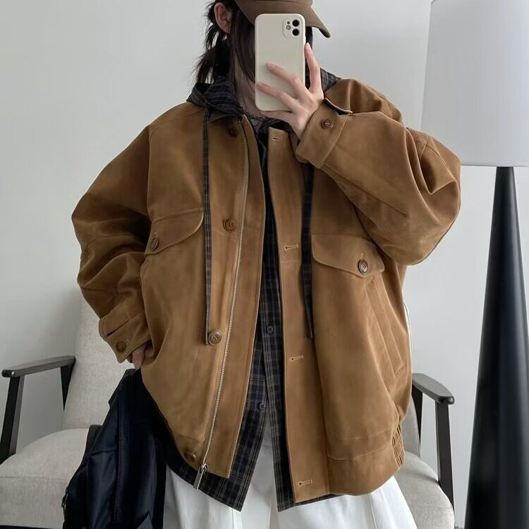 中古感春秋季新款做旧麂皮撞色复古皮衣外套男女JKX217-P80图片