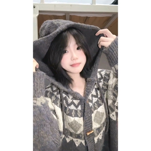 重磅秋冬北极绒开衫毛衣美式复古休闲慵懒风牛角扣针织衫连帽外套图片