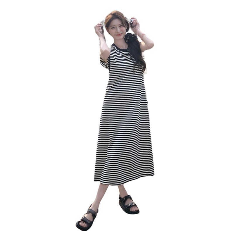 【新款，现货】条纹带包包中长款连衣裙1C042-P125-K195,女装连衣裙,安在秀