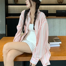 条纹棉麻衬衫女春夏季设计感休闲宽松防晒长袖衬衣薄款上衣外套潮，男装防晒衣，星座1210-1