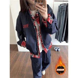 美式复古假两件格子夹克外套男女休闲飞行服潮LY66266-P69 夹棉77图片