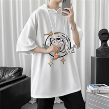 LD54142-P45连帽短袖t恤男大码胖子带帽五分袖中袖，男装T恤，电商A040