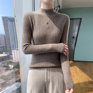 圆领镂空钩花100%纯羊毛衫女扭花针织长袖毛衣宽松羊绒衫打底上衣