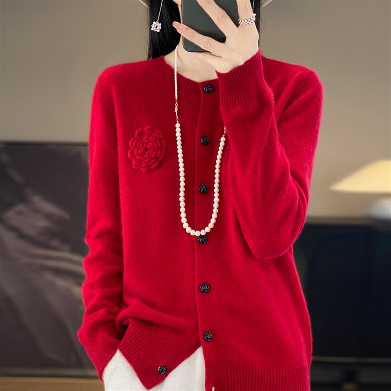 女士羊毛开衫纯色圆领休闲时尚2024年秋季玫瑰花针织衫图片