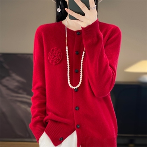 女士羊毛开衫纯色圆领休闲时尚2024年秋季玫瑰花针织衫图片