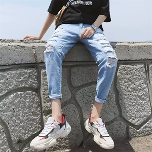 破洞牛仔裤男九分潮牌9分乞丐裤男装修身小脚裤子 N624图片