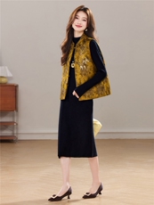 冬季新款加棉新中式立体刺绣花卉气质优雅立领盘扣马甲两件套裙女，女装套装/套裙，宝儿家