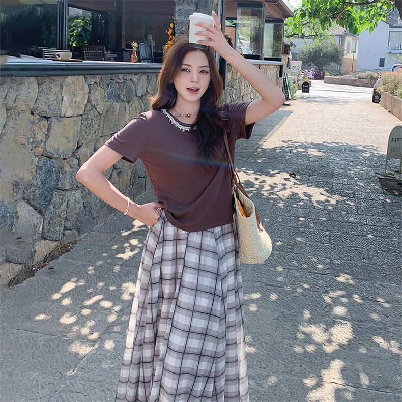 蕾丝拼接短袖t恤套装裙女夏新款设计感不规则格子半身裙两件套,女装套装/套裙,浙宝305