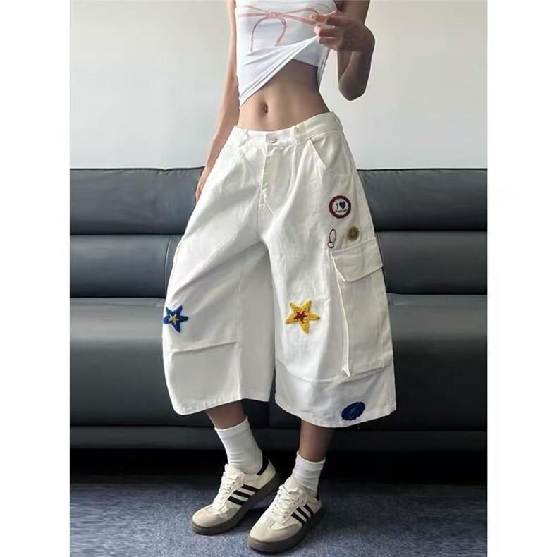 美式刺绣设计感工装七分裤女夏季新款宽松休闲短裤子LB30633-P55,男装牛仔裤,星座1008