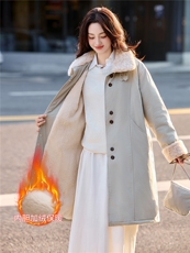 现货！现货！加绒加厚中长款棉服女2025冬季新款洋气减龄羊羔毛，女装棉衣/棉服，以桐
