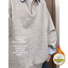 重磅加绒硬挺boxy男女美式高街假两件衬衫领长袖卫衣POLO领打底衫，男装T恤，电商A486-1