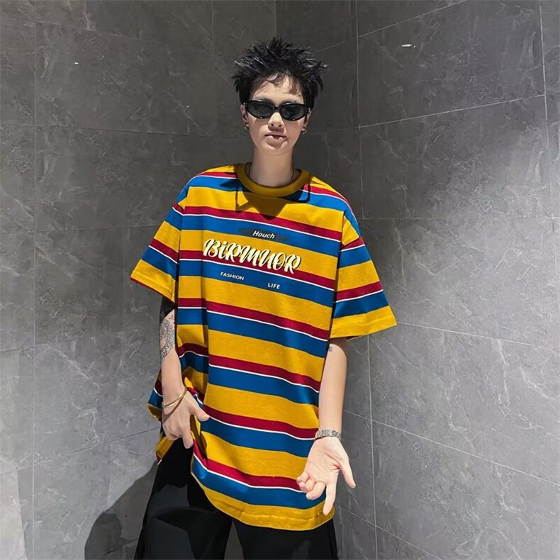 撞色条纹短袖t恤新款夏男女宽松休闲设计感小众半袖上衣GA372P42,男装T恤,星座1013-5