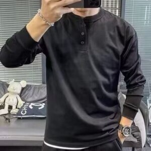 美式小立领卫衣男重磅华棉修身长袖亨利领t恤紧袖内搭打底亨利衫图片