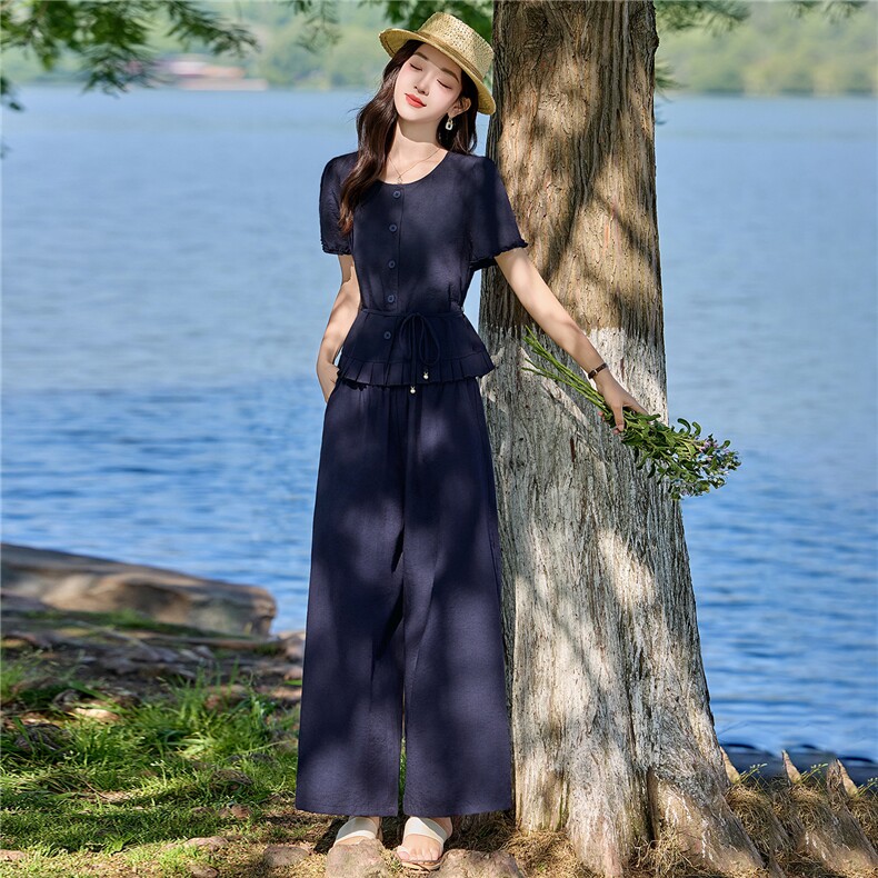 棉麻现货主推显瘦洋气2026年夏季舒适轻薄时尚女优雅收腰两件套,女装套装/套裙,木橙西子
