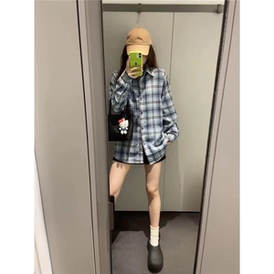 2025早秋新款小清新纯棉格子衬衫女韩版长袖宽松学生上衣春秋外套图片
