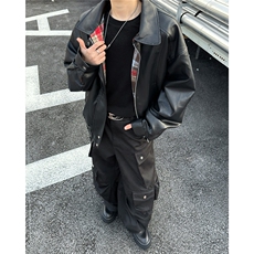 美式高街双面穿格子PU皮夹克男款美式春秋季潮牌复古宽松拼接外套，男装皮衣，星座601-1