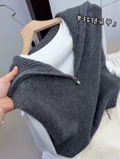 2025年秋季新款百搭女士无袖假两件半高拉链无袖马甲，女装针织衫/毛衣，佑昭祥羊绒