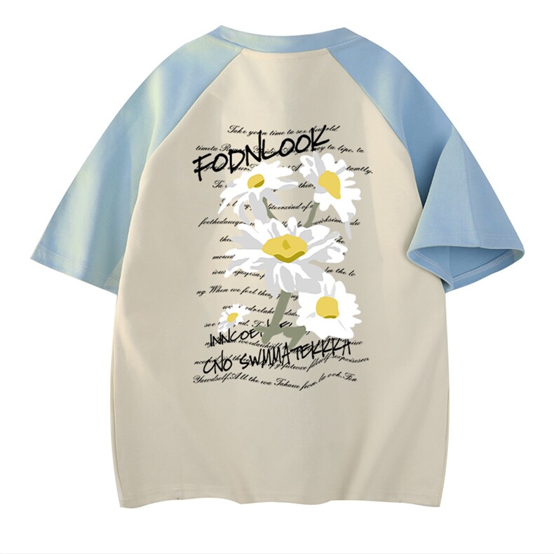 抖音得物供货240克宽松纯棉美式潮牌印花插肩袖拼接短袖T恤AT1512,男装T恤,电商A443