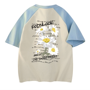 抖音得物供货240克宽松纯棉美式潮牌印花插肩袖拼接短袖T恤AT1512图片