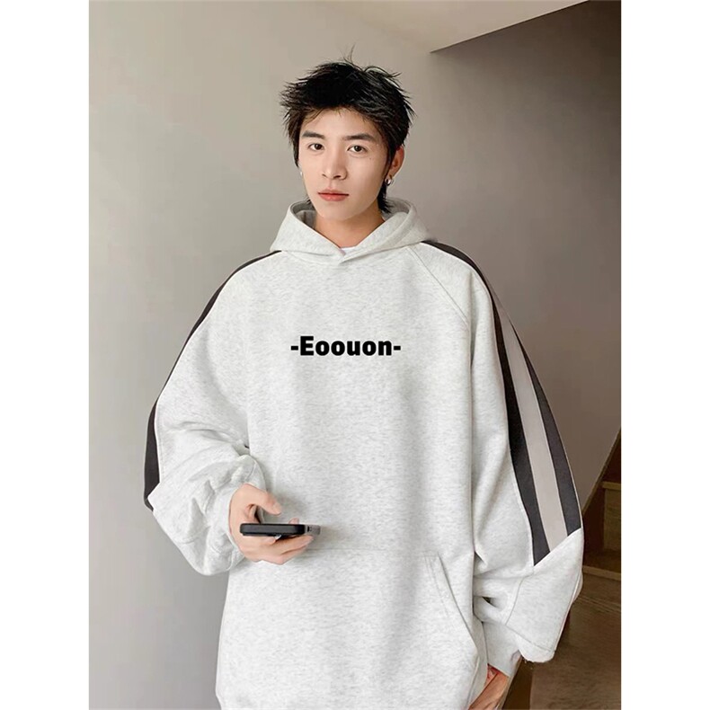 抖音得物美式休闲拼接织带撞色宽松潮连帽印花卫衣外套A1810，女装短外套，电商A443