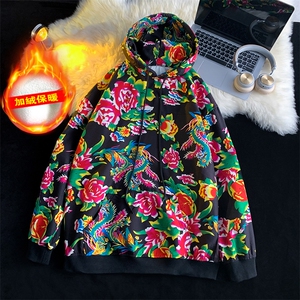 W204冬新男女团队服大花连帽卫衣外套土潮民族特色花卫衣情侣班服图片